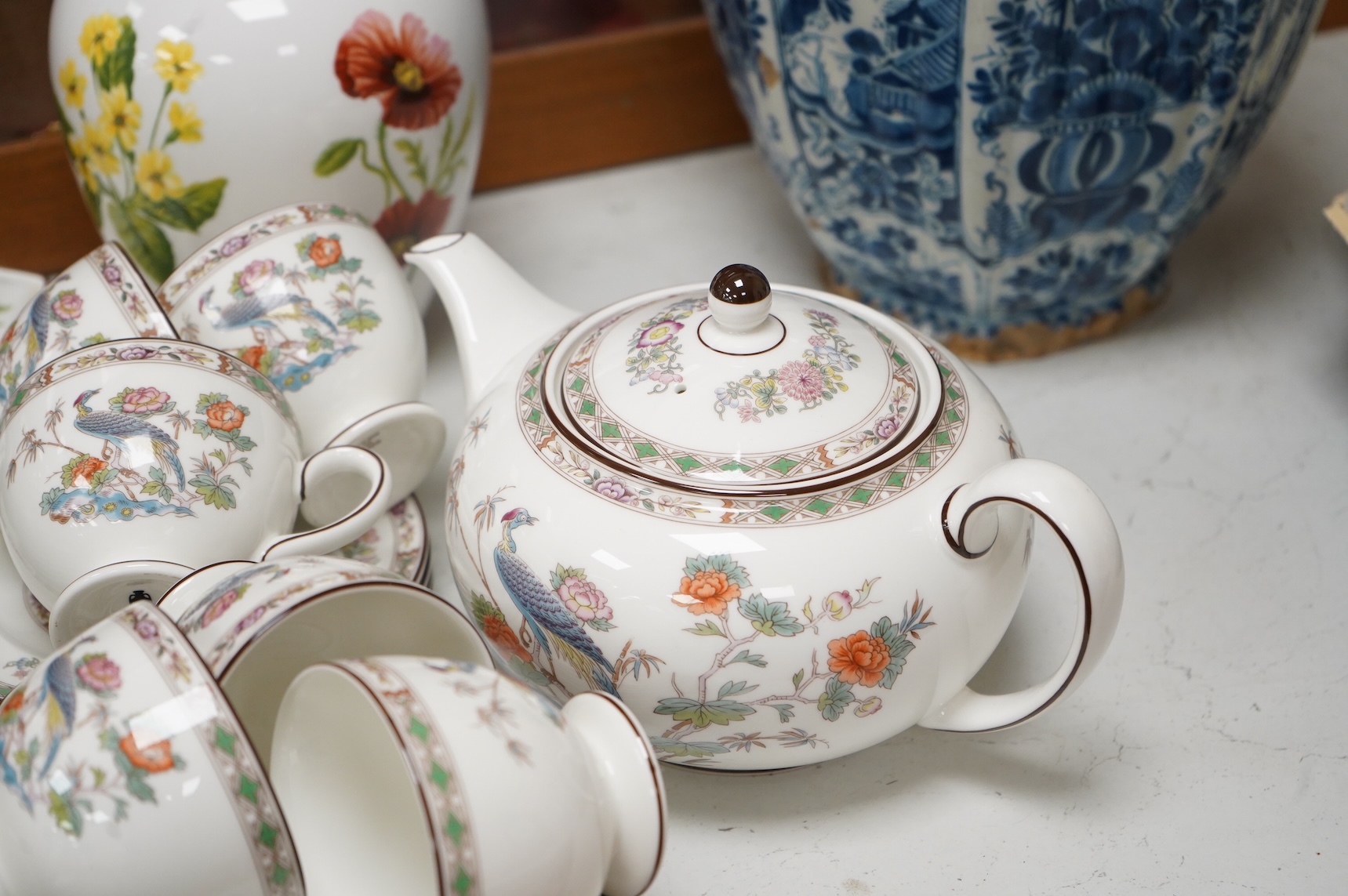 A Wedgwood Kutani crane part tea service, a collection of Cauldon tea wares and two pieces of Crown Derby Imari, largest 27cm in diameter